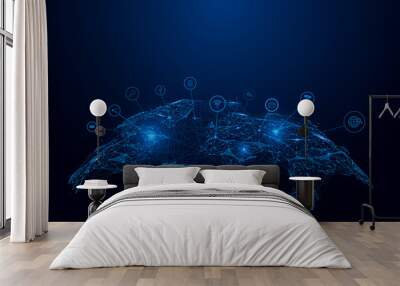 Low polygon Globe Map with social icons wireframe mesh on blue background Wall mural