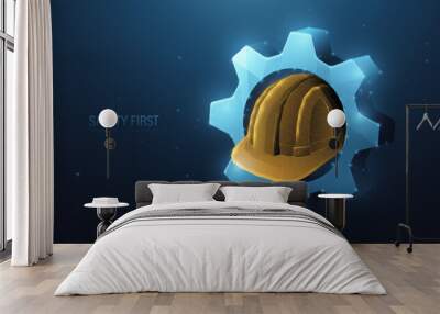 Safety first. Yellow protection helmet with Mechanism gears and cogwheels. Low polygonal wireframe mesh lines and triangles, point connecting on blue background. Illustration vector Wall mural