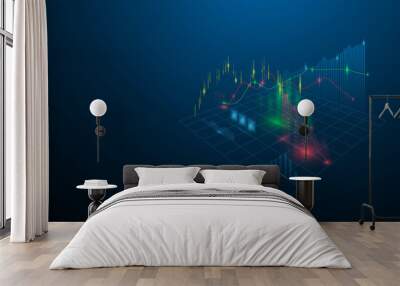 Stock market virtual hologram of statistics, graph and chart on dark blue background Wall mural