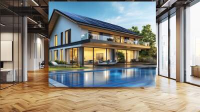 Luxury Modern House Exterior with Solar Panels, Terrace, and Swimming Pool Wall mural