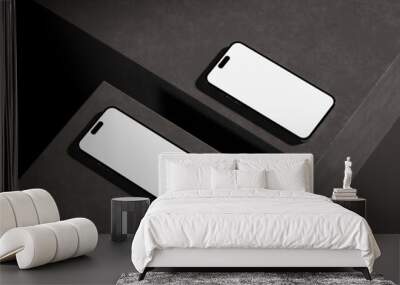 Mockup 2 smartphone with blank white screen, on concrete with black dark background. copy space for brand advertisement. 3D rendering. Wall mural