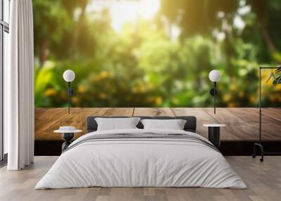 Empty wooden counter with an open window in the style of bokeh blurred summer background Wall mural