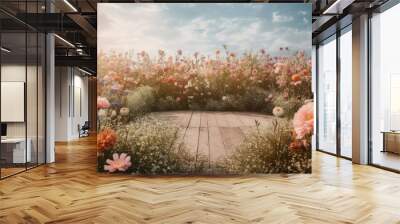 Natural podium product display backdrop with dreamy flower field background generative ai Wall mural