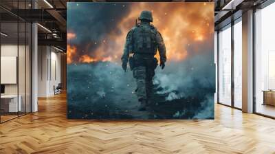 soldier crosses destroyed war zone through fire and smoke in the desert poster Wall mural