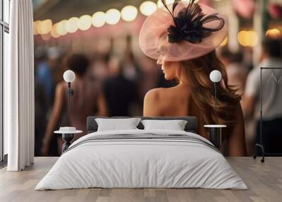 Young pretty woman in beautiful dress wearing fascinator at horse racing track. Wall mural