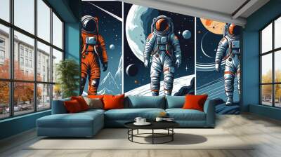 Set illustrations astronaute cosmonaute espace galaxie voyage découverte mars lune saturne jupiter. Wall mural