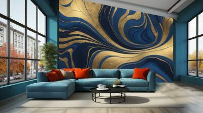 Texture abstrait effet fond fluide texture marbre mouvant liquide or bleu. Wall mural