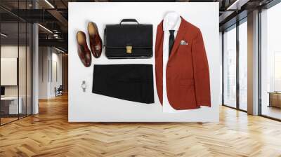 Men's casual outfits for man clothing set wit suit, trousers, socks, shirt, bag and shoes isolated on white background, Top view. pack shot Wall mural