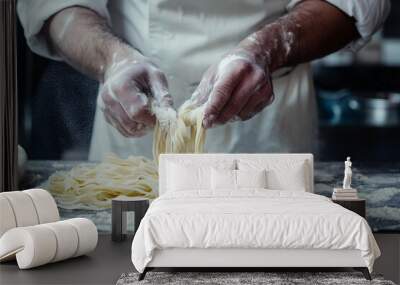 Italian chef in a white apron making fresh pasta by hand, with flour dusting the work surface Wall mural