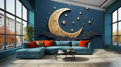 papercut style of crescent moon cloudy star dark blue background Wall mural