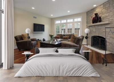 family room with stone fireplace Wall mural