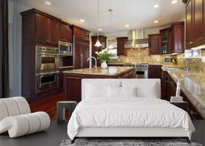 kitchen with cherry wood cabinetry Wall mural