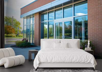  Modern vet clinic exterior with large glass windows and brick facade, surrounded by landscaped greenery, illustrating healthcare and veterinary services environment Wall mural