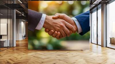 Close-up handshake between two businessmen outdoors, representing business agreement, partnership, deal, and cooperation Wall mural