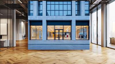 Contemporary Fashion Retail Shop Front with Glass Facade, Clothing Display, and Modern Architecture in Urban City Center at Evening Wall mural