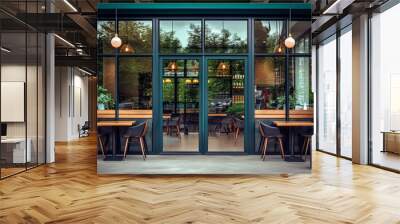 Modern cafe exterior with glass windows, showcasing interior through glass and outdoor seating. Wall mural