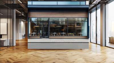 Modern coffee shop cafe boasting a sophisticated glass facade framed by wooden accents, providing an inviting view into the bustling urban eatery within a commercial property. Wall mural