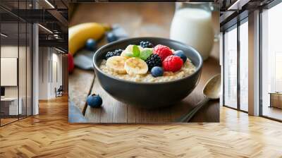 Oatmeal breakfast in a black bowl with banana slices, raspberries, blackberries, and blueberries on a rustic wooden table with milk jug, promoting healthy eating Wall mural