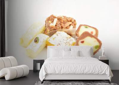 Mix mithai on white background, kaju roll, doda and kaju anjeer barafi  Wall mural