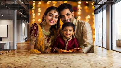 Portrait of indian family wearing ethnic clothes diwali background  Wall mural