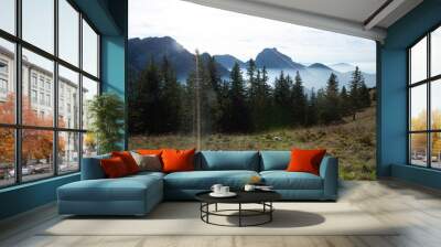 The sun casts brilliant rays on the majestic mountains and lush trees, illuminating their beauty and creating a mesmerizing scene. Wall mural