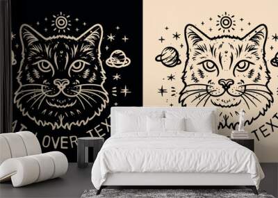 Cat and celestial galaxy elements. Spiritual girl and mystical occult cat lover concept. Enlightened, mystic and witchy kitten portrait drawing. Vector with text space for logo and t-shirt design. Wall mural