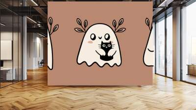 Ghost drinking coffee illustration. Cat sheet ghost holding a mug. Fall season aesthetic cute flat design with ghosts, cats, coffee cup and leaves. Halloween minimalist vector set. Wall mural