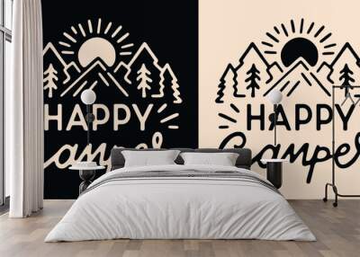 Happy camper lettering shirt design. Retro vintage mountains forest landscape and sun sunrise sunset minimalist drawing illustration. Camper mom girl kid quotes vector for clothing printable gifts. Wall mural