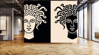 Medusa head minimalist portrait logo. Black and beige greek goddess stylized drawing. Dark academia aesthetic illustration. Greek mythology lover vector printable design. Wall mural