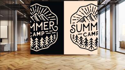 Summer camp lettering camper badge camping emblem. Mountain forest retro vintage aesthetic illustration. Outdoorsy quotes for matching friends school trip scout teacher logo shirt design print vector. Wall mural