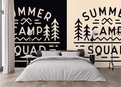 Summer camp squad crew lettering camper badge camping emblem. Forest lake retro vintage aesthetic illustration for matching friends school trip scout animator teacher logo shirt design print vector. Wall mural