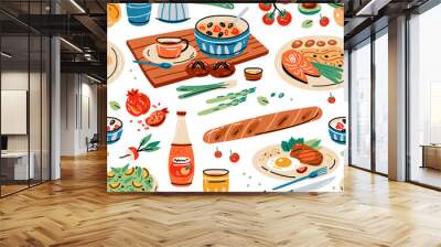 Colored seamless pattern of food and drink. Vector illustration for design of menu. Wallpaper, print, packaging, paper, textile design. Wall mural