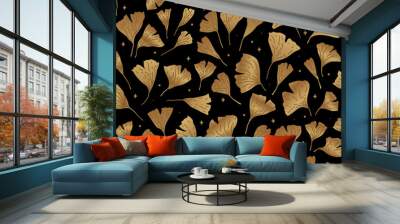 Ginkgo or Gingko Biloba golden leaves set. Collection of tropical leaves with gold texture Nature botanical metal illustration, decorative graphic isolated over black. Wall mural