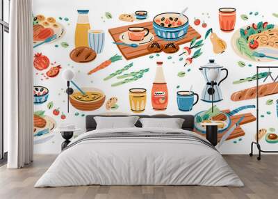 meal served on plate. set of healthy different breakfast, lunch and dinner. tasty food and drink iso Wall mural