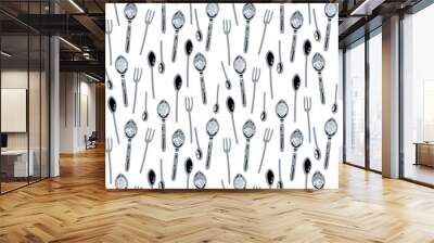 Seamless background for kitchen design, for the menu of restaurants, cafes and canteens. Cutlery. Cooking equipment. Forks and spoons Wall mural