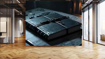 A close-up of a black leather-bound journal with a metal clasp, tied with a rope, on a table with a pen and a blueprint in the background. Wall mural