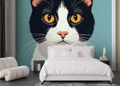 A framed illustration of a black and white cat with orange eyes against a blue background. Wall mural