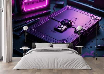 A futuristic metal book with a lock, glowing in pink neon light. Wall mural