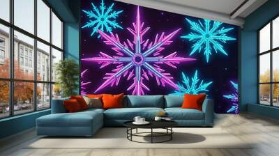 Abstract neon snowflakes on a black background. Wall mural