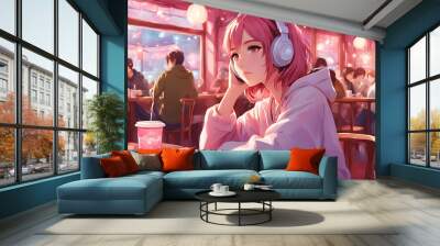 Anime girl with pink hair wearing headphones and drinking coffee in a cafe. Wall mural