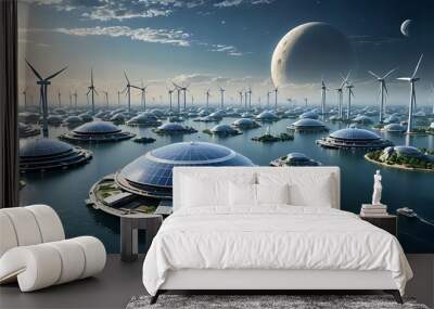 Futuristic city with dome-shaped buildings and wind turbines on islands in the ocean. Wall mural