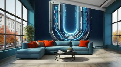 Futuristic glowing neon letter U with intricate metal structure. Wall mural