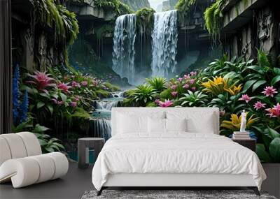 Tranquil waterfall cascading through a lush tropical forest, with vibrant flowers and greenery. Wall mural