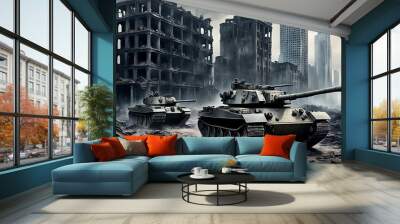 Two tanks driving through a ruined city. Wall mural