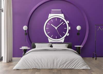 White wristwatch icon on a purple background. Wall mural