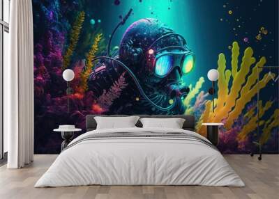 Dive jump into the deep bright neon sea created with generative ai technology  Wall mural