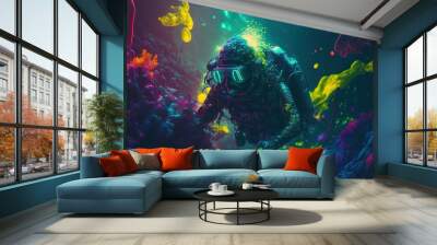 Dive jump into the deep bright neon sea created with generative ai technology  Wall mural