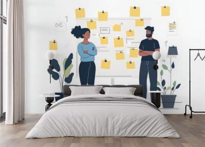 Creative team and thinking in planning for schedule brainstorming or meeting at office. Man and woman in teamwork decision for project plan, tasks or sticky note ideas in startup, Generative AI Wall mural