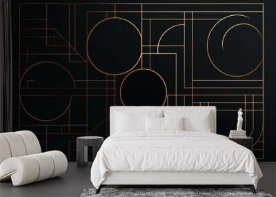 Gold geometric line pattern. Abstract circle square shapes, luxury art deco background, minimal poster print.  art, Generative AI Wall mural