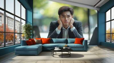 Frustrated Asian young business man sitting outdoor office after he had failed in new project, his colleagues tried to reassure his, Generative AI Wall mural